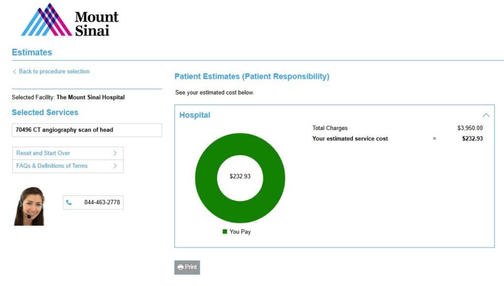 Interactive price estimate calculator on a healthcare website