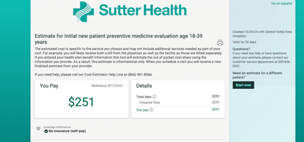 Hospital consumerism example: Price transparency tool