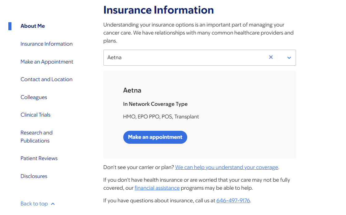 Clear up insurance information directly on a doctor bio page.