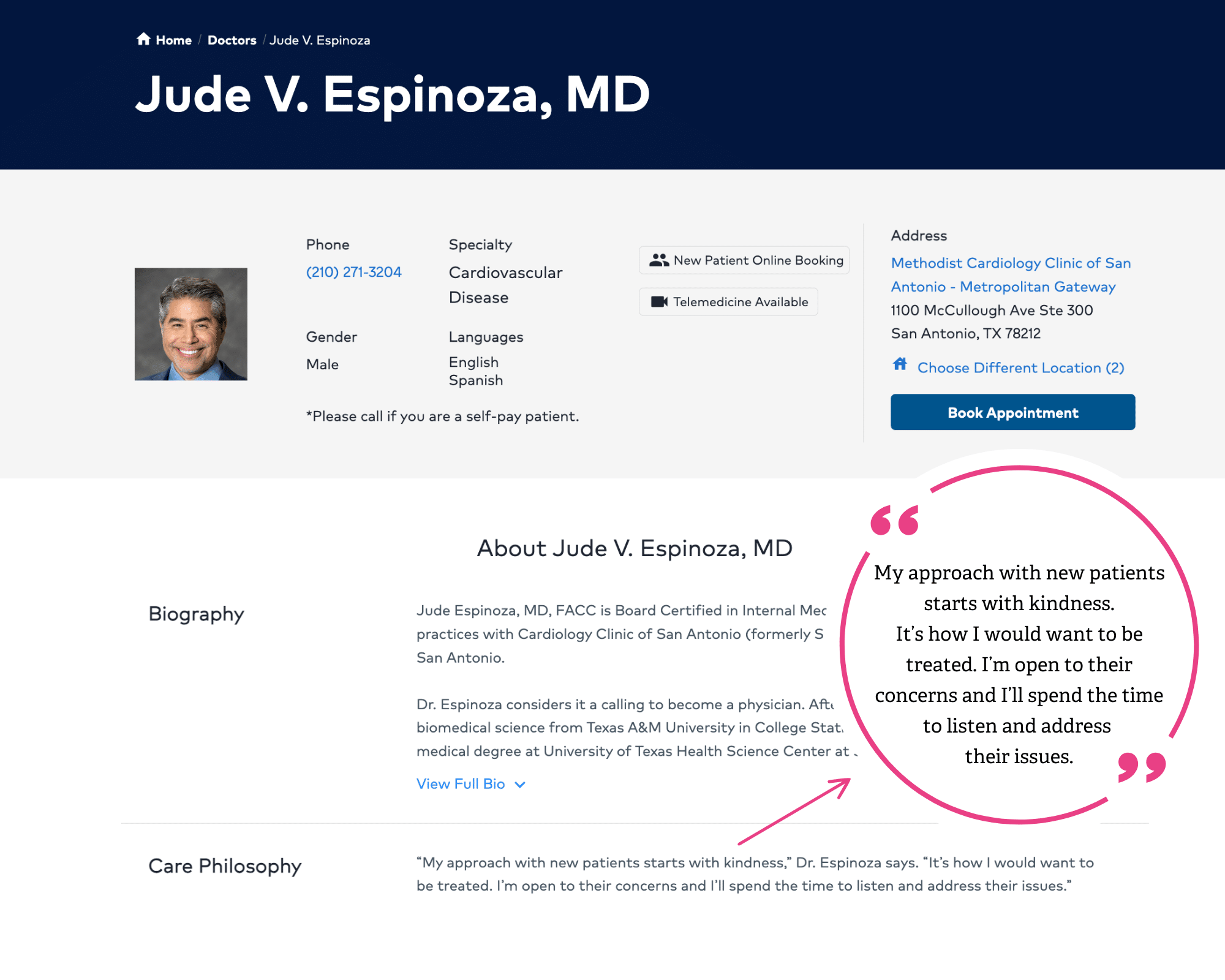 Give doctors a voice in their bios. Feature their quotes.