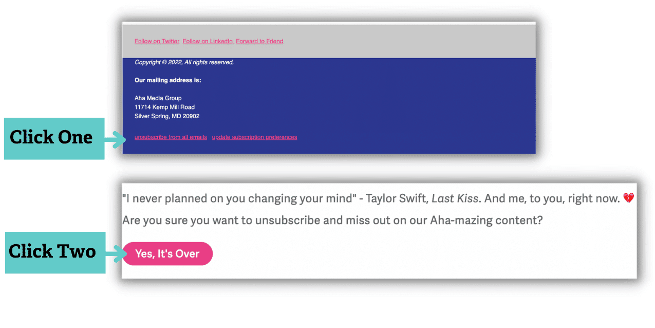 Image of Aha Media Group email newsletter opt out message. When you click unsubscribe, you are redirected to a website asking you to confirm.