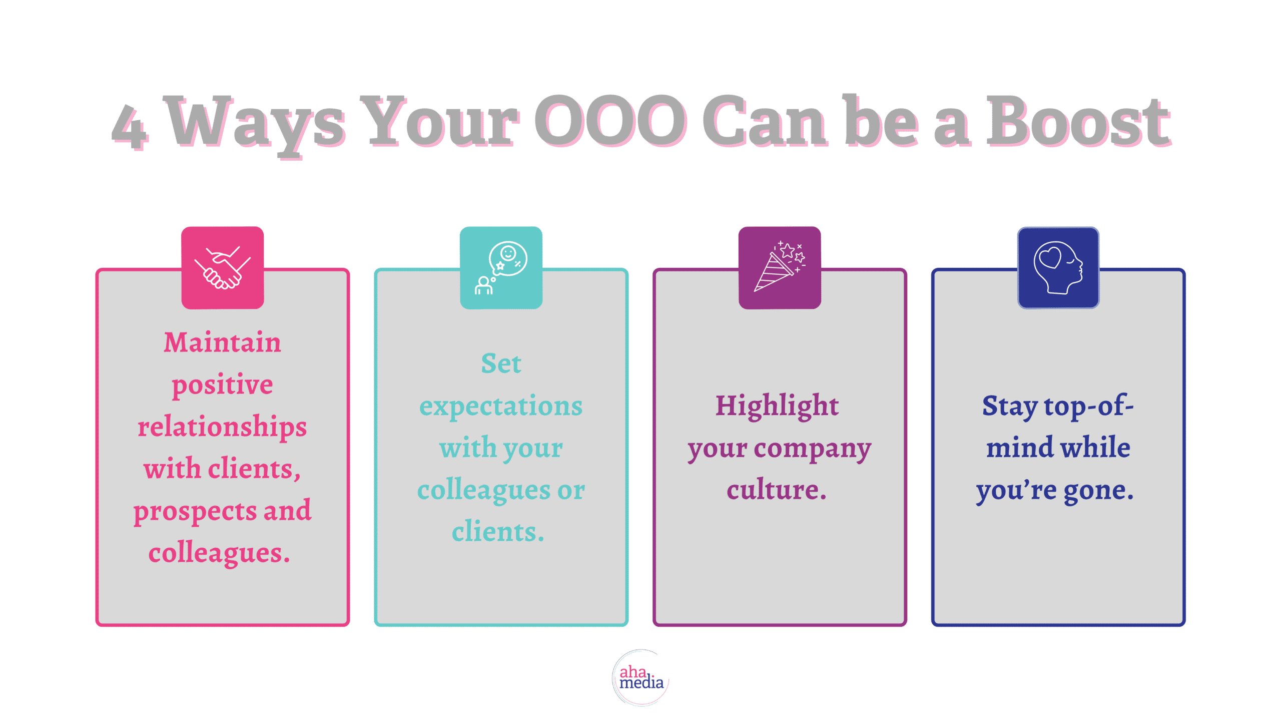 Out of office reply graphic that shows these tips. Set up a creative out-of-office email to: 1. Maintain positive relationships with clients, prospects and colleagues. Build the know, like and trust factor even when you’re away from your desk. 2. Set expectations with your colleagues or clients. Let them know you’ll be away and when they can expect to hear from you (or who they can reach out to). 3. Highlight your company culture. One of your readers may be looking for a workplace with a healthy work-life balance that also encourages people to have a personality. 4. Stay top-of-mind while you’re gone. Give prospective clients a reason to remember you — and get excited about working with you. 