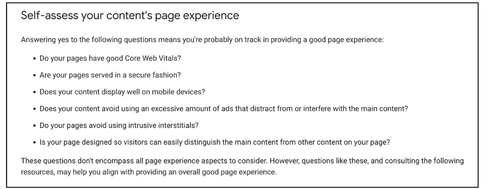 Self assess your content's page experience with Google