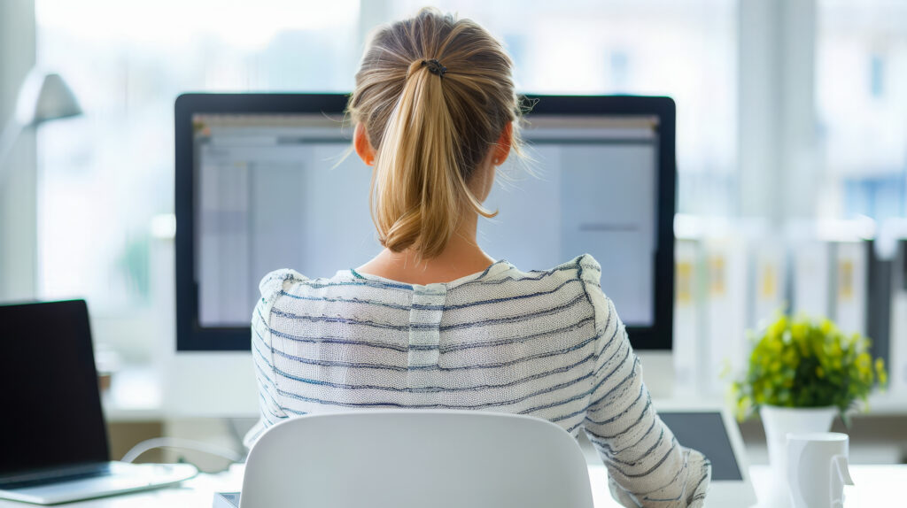 Woman sitting at a desk with a computer monitor in front of her