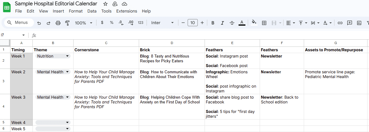 Sample hospital editorial calendar