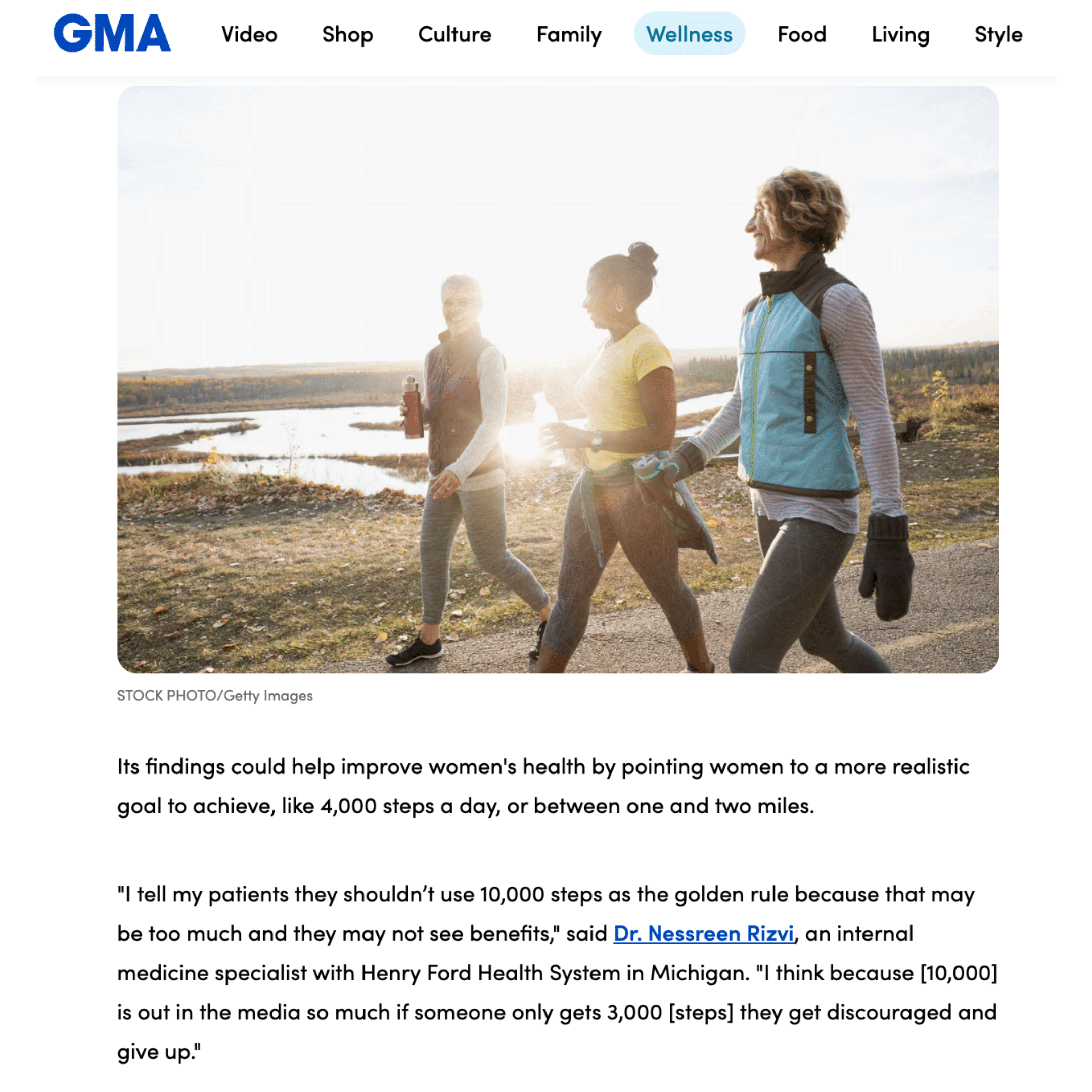 Image of three women walking and quote from Dr. Nessreen Rizvi taken from an article by Good Morning America about the myth of getting 10,000 steps a day. 